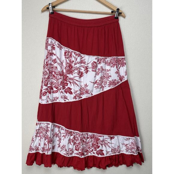 Life Style Women’s Maxi Skirt Sz XL Red White Tiered Ruffle Gypsy Boho Peasant - Picture 1 of 9